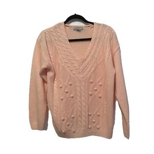 Vintage Spice of Life Knit Sweater Blouse Size Medium Pink Poms 100% Acrylic